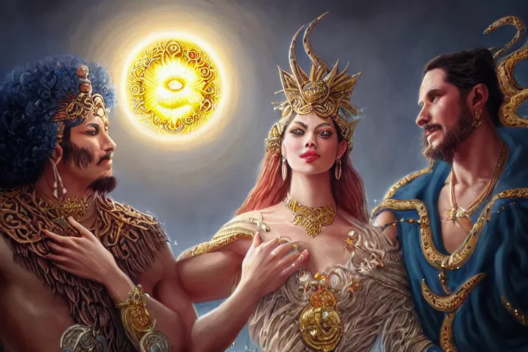 Image similar to close up moment of a divine a sun god and a moon goddess lovers magician at a wedding banquet, highly detailed, d & d, fantasy, highly detailed, digital painting, trending on artstation, concept art, sharp focus, illustration, art by artgerm and greg rutkowski and magali villeneuve