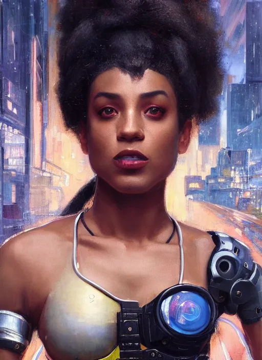 Image similar to Ariana Igwe. Buff Cyberpunk policewoman with robotic legs. Patrolling rainy streets. (Cyberpunk 2077, bladerunner 2049). Gorgeous face. Iranian orientalist portrait by john william waterhouse and Edwin Longsden Long and Theodore Ralli and Nasreddine Dinet, oil on canvas. Cinematic, vivid colors, hyper realism, realistic proportions, dramatic lighting, high detail 4k