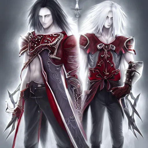 Image similar to Epic drawing of two young twins, with white skin, long white hair and red eyes. Wearing identical red clothes. Middle age. Castlevania, ultra-detailed. Anime, pixiv, UHD 8K CryEngine, octane render