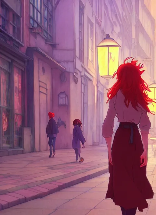 Image similar to pretty young woman with long red hair walking down a city street at night, path traced, highly detailed, high quality, digital painting, by studio ghibli and alphonse mucha, leesha hannigan, makoto shinkai, disney