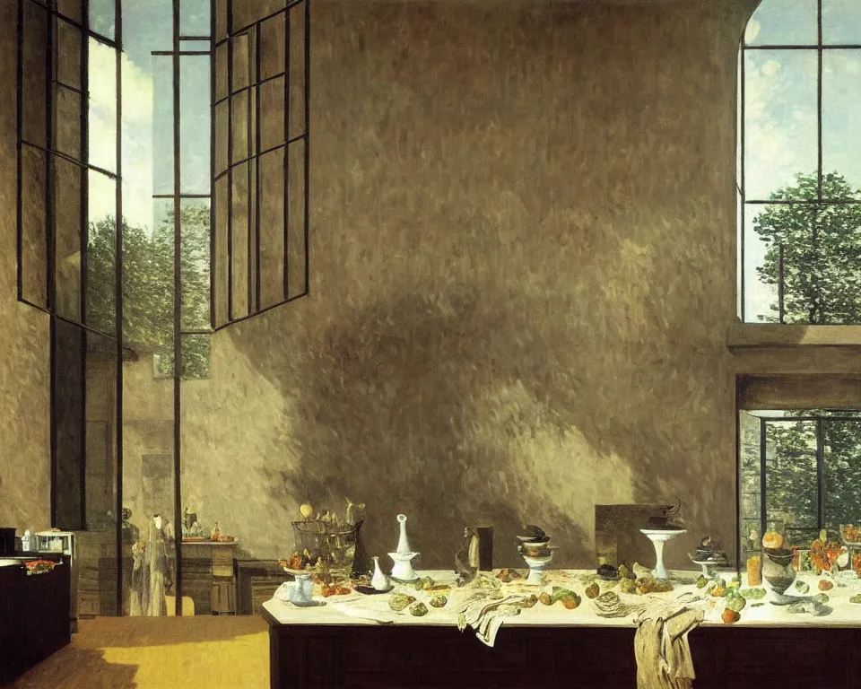 Image similar to achingly beautiful painting of a sophisticated, well - decorated kitchen on warm background by rene magritte, monet, and turner. giovanni battista piranesi.