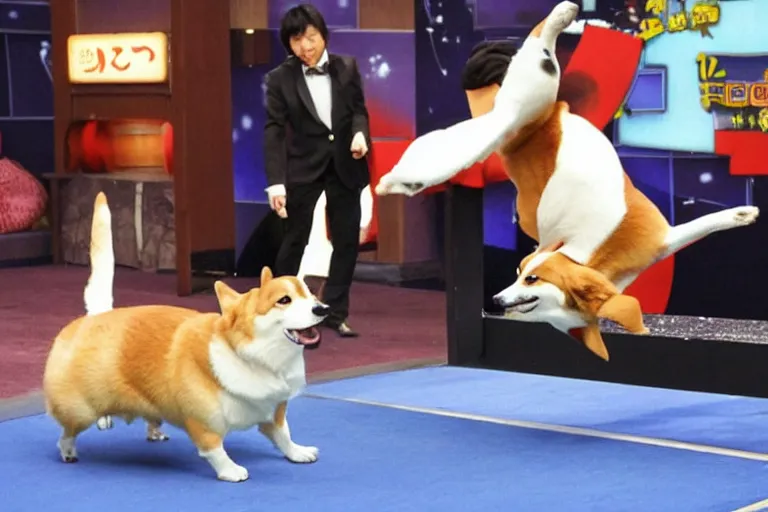 Prompt: A japanese gameshow with a corgi contestant doing acrobatic stunts