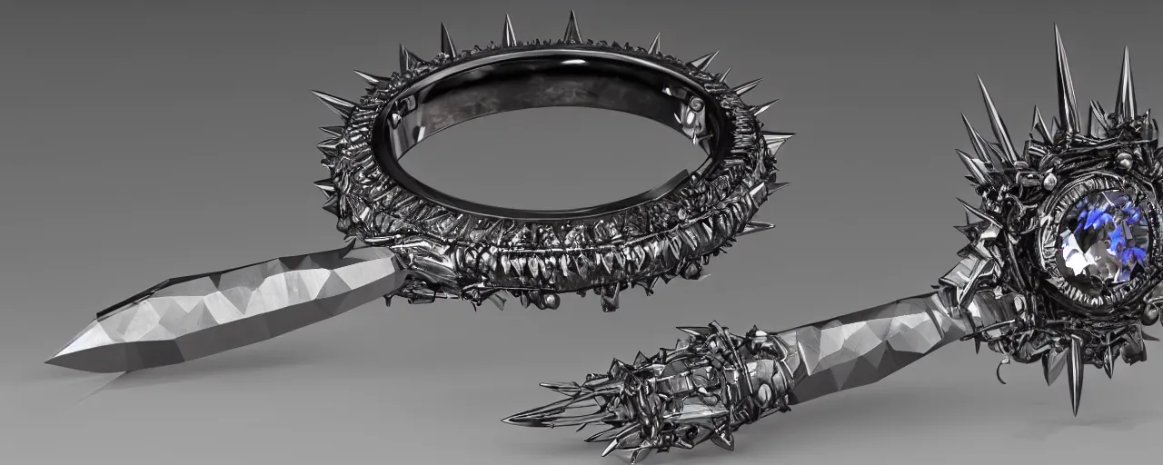 Image similar to tungsten ring with spikes, ring, steel, sword, crystals, smooth shank, engravings, product design, jewelry, art by gerald brom, greg rutkowski and artgerm and james jean and zdzisław beksinski, 8 k, unreal engine, c 4 d