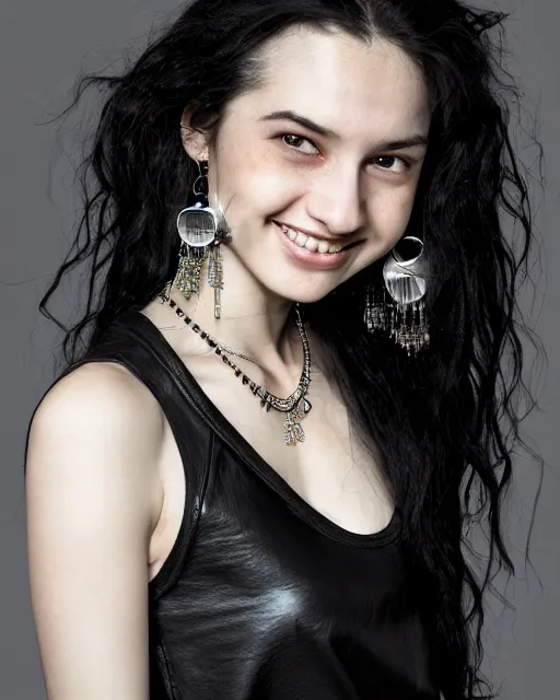 Image similar to a portrait of a beautiful Young female with long disheveled black hair, beautiful and smiling, sweet looks, white skin and reflective eyes, black tank top, black leather shiny jeans, an ankh necklace white colors in the background, by David Lazar and Annie Leibovitz 500px photos, top cinematic lighting , cinematic mood, very detailed, shot in canon 50mm f/1.2