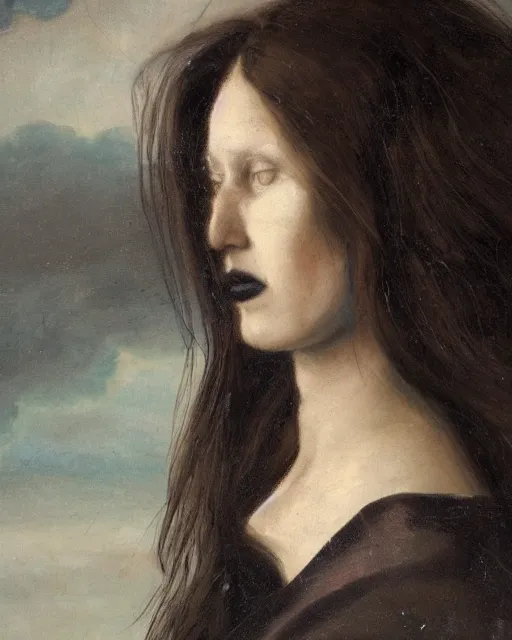 Image similar to a woman's face in profile, long hair made of obsidian shards, in the style of the Dutch masters and Gregory Crewdson, dark and moody