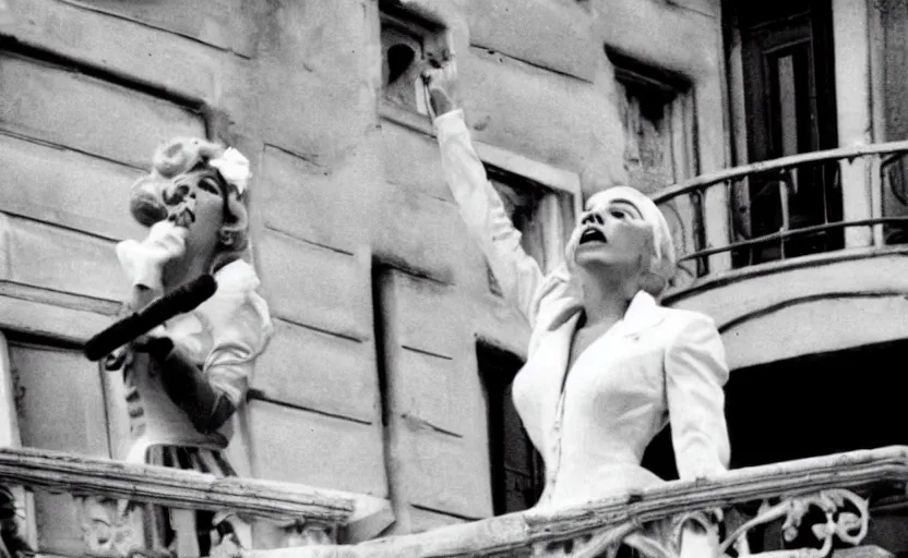 Image similar to lady gaga as Evita singing on the balcony in Evita 1996