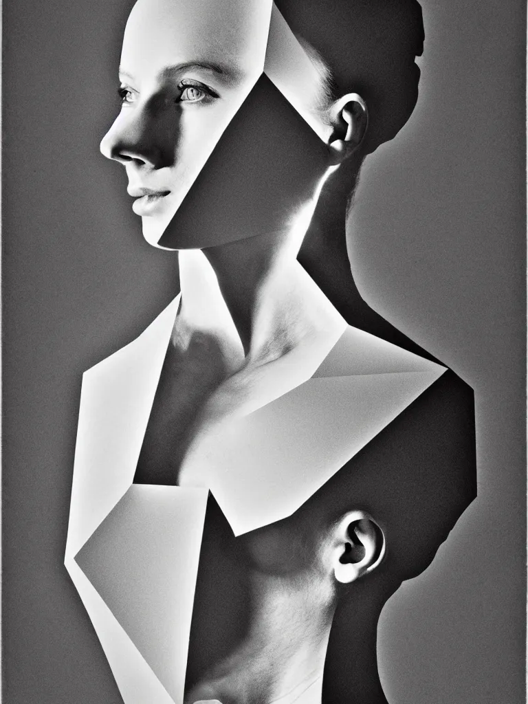 Image similar to a perfect military portrait photograph of drawing of a woman constructed of a series of cuboids, mixed material and orbited by dazzling sharp ellipses of razorlike light. perfect studio lighting.