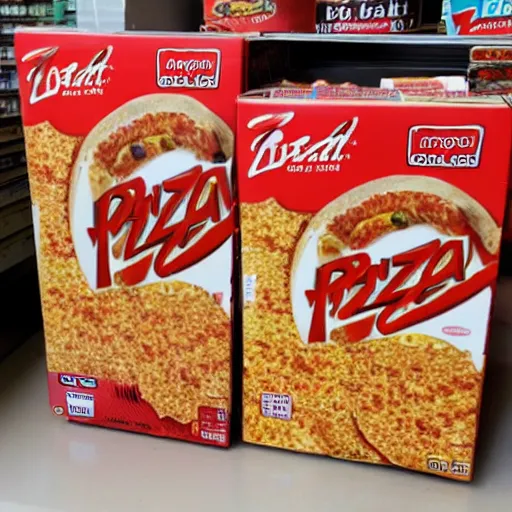 Prompt: box of pizza hut brand breakfast cereal on a store shelf