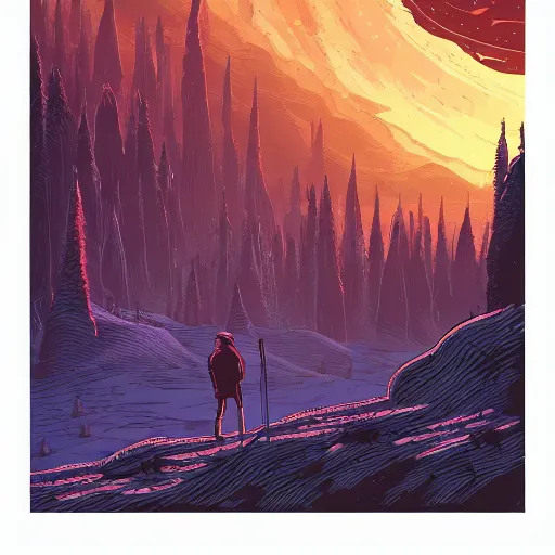 Image similar to weary traveller wandering through an alien world, by dan mumford, 4 k, beautiful, cinematic dramatic