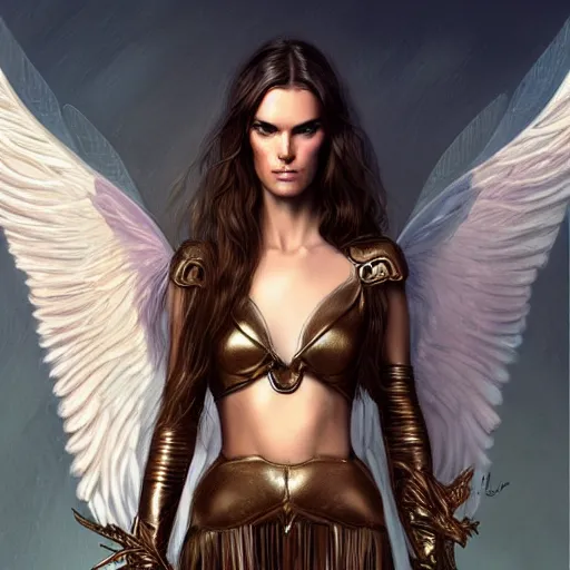 Image similar to portrait of young aasimar angel girl maiden wearing comfy leather armor with beautiful feathered angel wings, Alessandra Ambrosio, innocent, intricate, elegant, highly detailed, digital painting, artstation, concept art, smooth, sharp focus, illustration, art by artgerm and greg rutkowski and alphonse mucha