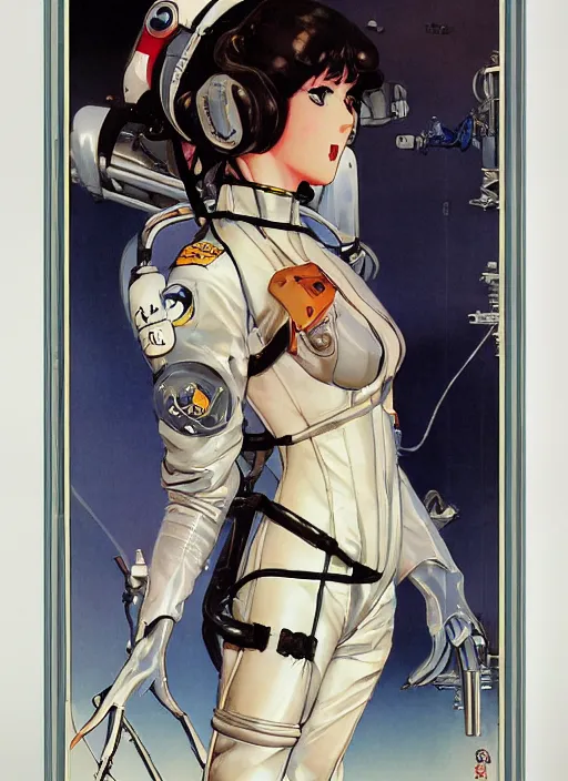 Prompt: a copic maker art nouveau manga cover portrait of an anime pale edgy girl on a futuristic latex pilot suit by john berkey norman rockwell