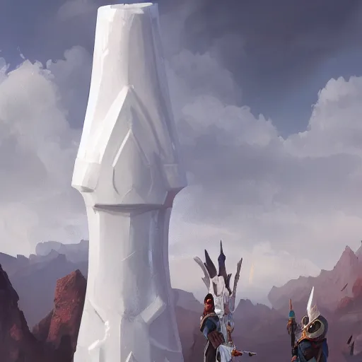 Image similar to a giant white chess piece statue, battlefield background, bright art masterpiece artstation. 8 k, sharp high quality artwork in style of jose daniel cabrera pena and greg rutkowski, concept art by tooth wu, hearthstone card game artwork, chess piece