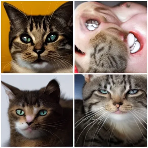 Image similar to a cat laughing from multiple angles collage photo, meme format,