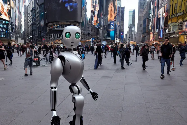 Image similar to cinematography sleek humanoid robot clones helping people in time squares by Emmanuel Lubezki