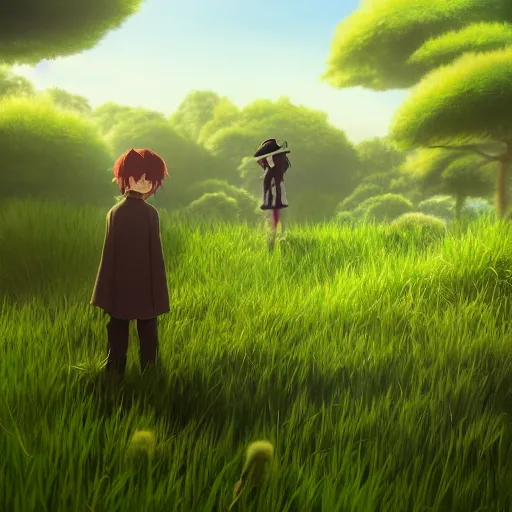 Prompt: an magician in an grassy landscape, Anime art, studio Ghibli, octane render, hyperrealistic, artstation, 8k