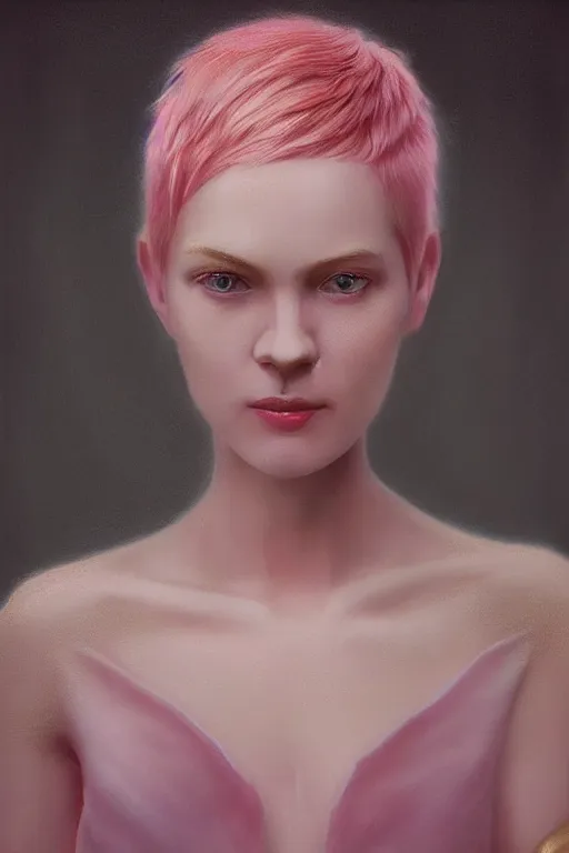 Image similar to “Portrait of a beautiful pale skin Nordic female with short pink hair, elegant, photorealistic, highly detailed, artstation, smooth, sharp focus, gold ornaments, neon lighting, sci-fi, art by Klimt.