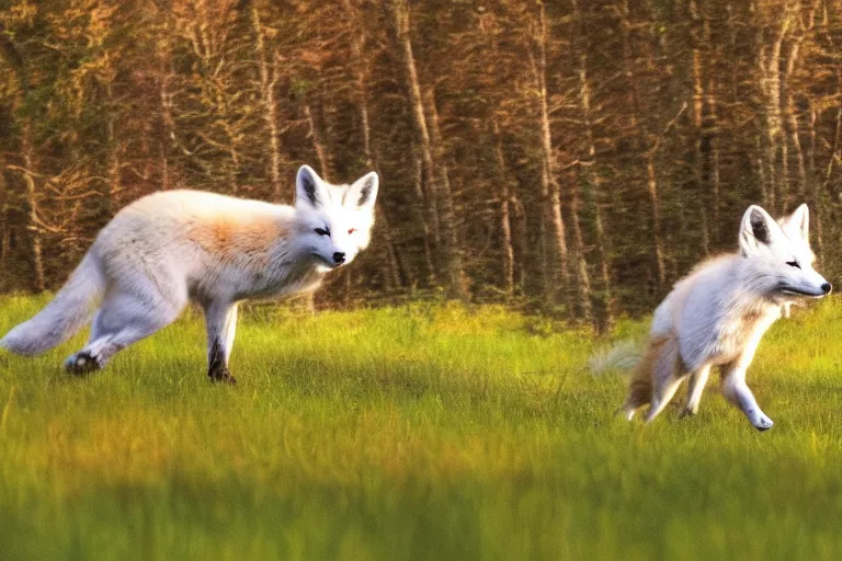 Prompt: white fox and red fox running through the meadow hill, forest on the horizont, beautiful ambiance, golden hour, studio ghibli style, by hayao miyazaki, tom moor, sharp focus, highly detailed,