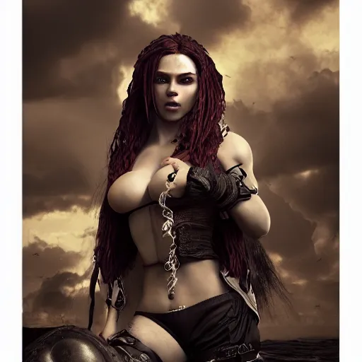 Image similar to full body pose, hyperrealistic photograph of a luscious pirate woman, dim volumetric lighting, 8 k, octane beautifully detailed render, extremely hyper detailed, intricate, epic composition, cinematic lighting, masterpiece, trending on artstation, very very detailed, stunning, hdr, smooth, sharp focus, high resolution, award, winning photo, dslr, 5 0 mm