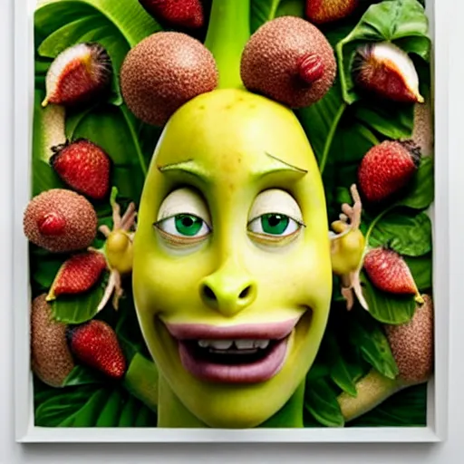 Image similar to banana dryad, megan fox editorial by malczewski and arcimboldo, fruit dryad sculpture by arcimboldo, stil frame from'cloudy with a chance of meatballs 2'( 2 0 1 3 ) of banana dryad, banana hybrid megan fox editorial by arcimboldo, banana 🍌