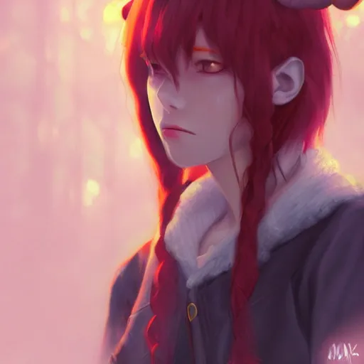 Image similar to a pale redheaded demoness with yellow eyes and horns wearing a jacket, highly detailed, digital painting, artstation, matte, by makoto shinkai, animation style