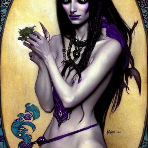 Prompt: half length portrait of a beautiful female drow elf warlock, indigo skin, violet magic, silver hair, black imp familiar, royo, klimt, miro, vallejo, frazetta, alphonse mucha, greg rutkowski, whealan