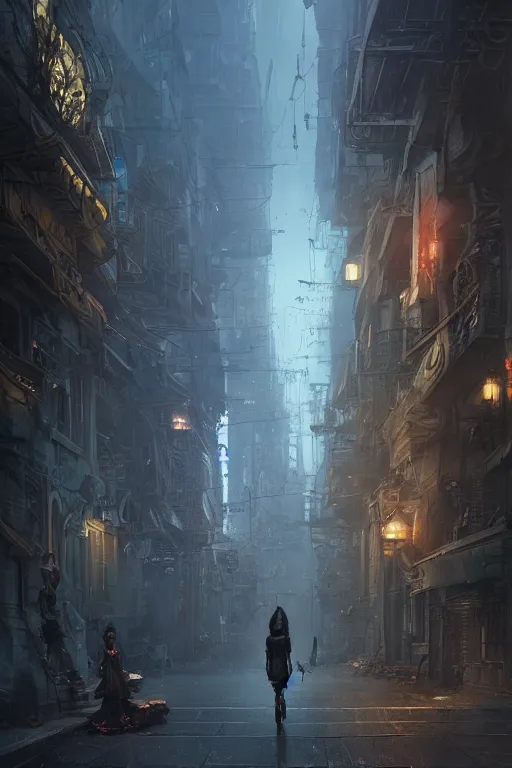 Image similar to a portrait of an alien women walking down the street of a steampunk city by Greg Rutkowski, Sung Choi, Mitchell Mohrhauser, Maciej Kuciara, Johnson Ting, Maxim Verehin, Peter Konig, final fantasy , mythical, 8k photorealistic, cinematic lighting, HD, high details, atmospheric,