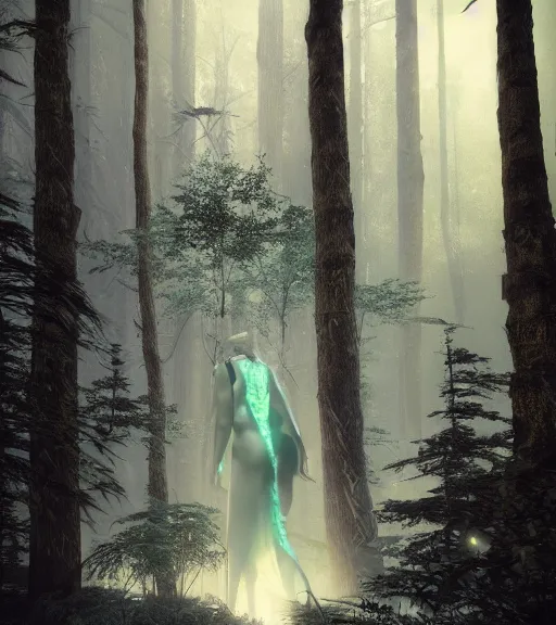 Image similar to daydreaming of the maiden in the cyberpunk forest by maciej kuciara, octane render, fog, ethereal glare, volumetric lighting, hyperealistic, epic, masterpiece, majestic light