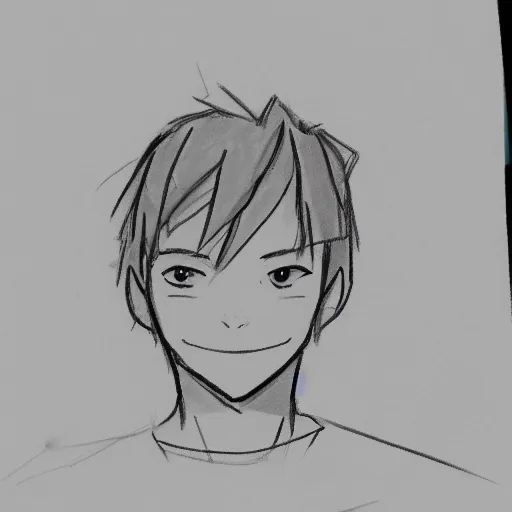 Image similar to simple sketch of a teenage boy with very short side part hair smiling trending on artstation