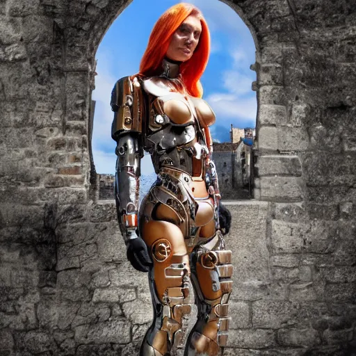 Prompt: cyborg woman. medieval landscape. photo on the street. high definition