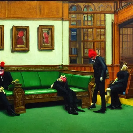 Image similar to a highly detailed fine art painting of multiple british members of parliament in the house of commons wearing clown costumes and smoking. in the style of edward hopper, richard hamilton. concept art. whimsical. green leather benches.