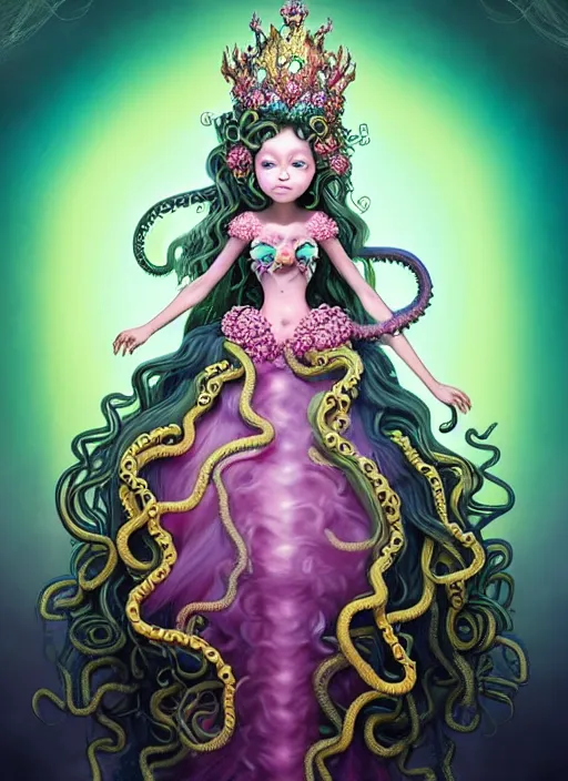 Image similar to A full body shot of a cute and mischievous young monster princess with hair made of tentacles wearing an ornate gown. Dynamic Pose. Quinceanera dress. Rainbow palette. rainbowcore. Eldritch Beauty. defined facial features, symmetrical facial features. Opalescent surface. beautiful lighting. By Giger and Ruan Jia and Artgerm and WLOP and William-Adolphe Bouguereau. Hyper-real. Fantasy Illustration. Masterpiece. trending on artstation, featured on pixiv, award winning, cinematic composition, dramatic pose, sharp, details, Hyper-detailed, HD, HDR, 4K, 8K.