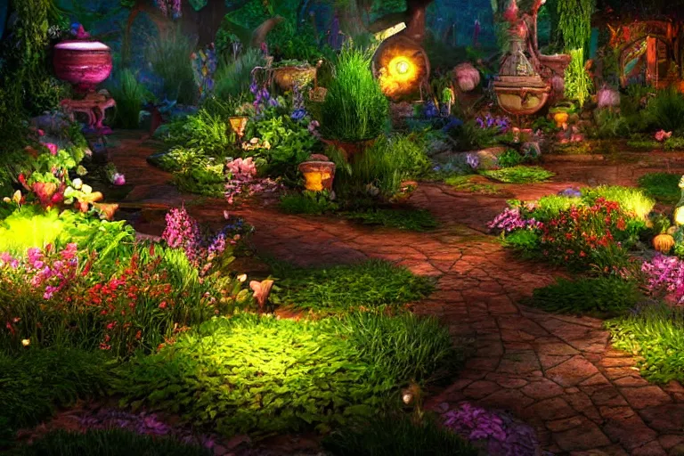Image similar to a magical fantasy garden. cinematic lighting. photorealism.