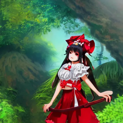 Prompt: a pixiv fantasia of reimu in the jungle wearing bonnet