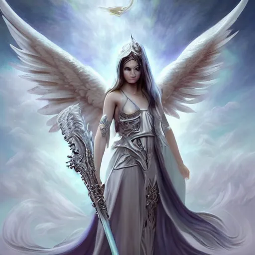 Image similar to an airbrush painting, an ultrafine detailed painting, of a white angel holding a sword and a sword, digital art by Anne Stokes, and by Hsiao-Ron Cheng , and by deviantart and by An Gyeon. Featured on devianart, featured on cgsociety, fantasy art, angelic photograph, wiccan, daz3d, mystical, tarot card, deviantart, artstation hd