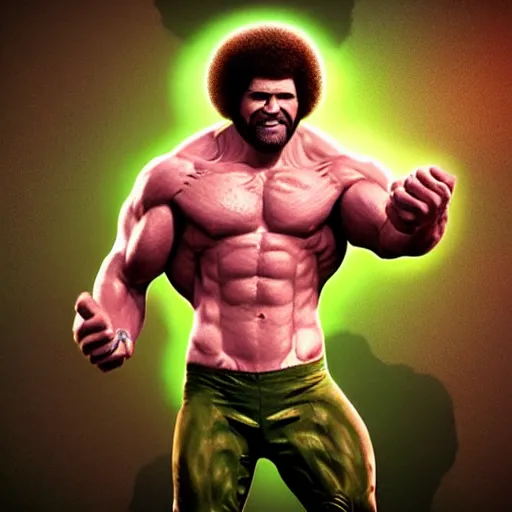 Image similar to photomanipulation of BOB ROSS as hulk with human flesh, marvel, fully detailed, volumetric lightening, octane render