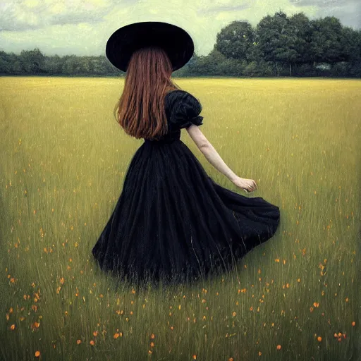 Image similar to a girl standing in a field, wearing black old dress and hat, by andrea kowch, andrea kowch style painting, dark, scene, magicrealism, flowers in background,