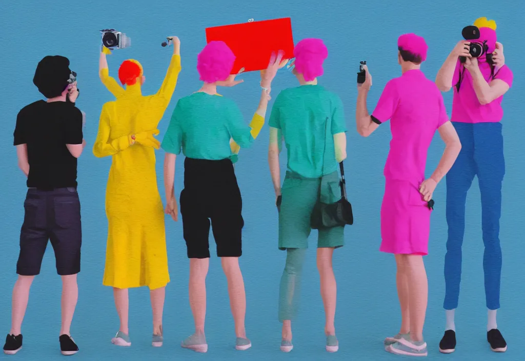 Image similar to full body portrait of a trio of european tourists with nikon cameras, various poses shooting photos, character designs painting, in the style of wes anderson, rene magritte, lola dupre, david hockney, isolated on white background, dark monochrome neon spraypaint accents volumetric octane render