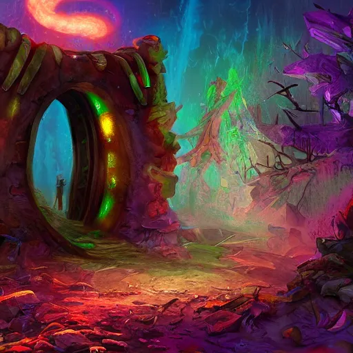 Prompt: colorful portal to another realm, apocalyptic fantasy, mmo, digital art