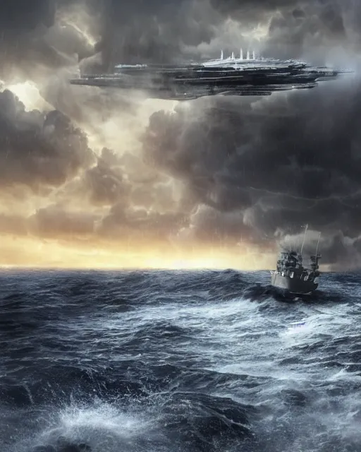 Image similar to scifi action scene of a fishing boat on stormy seas, a gigantic star destroyer spaceship flying overhead, the gigantic star destroyer spaceship is emerging from storm clouds, sunset lighting, stormy weather, dramatic lighting, unreal engine, hyper realism, realistic shading, cinematic composition, realistic render, octane render, detailed textures, photorealistic, ultrawide shot, 1 6 mm lens