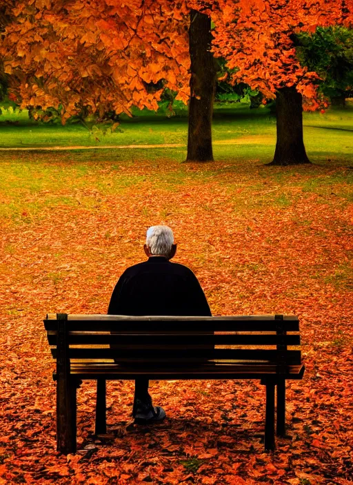 Prompt: conceptual photography portrait of an old man on a park bench fading into nothing, autumn tranquility, forgetfulness, fading to dust and leaves, oblivion, inevitability, aging, surreal portrait, moody, deep oranges and browns, color toning, hopeless, 4 k