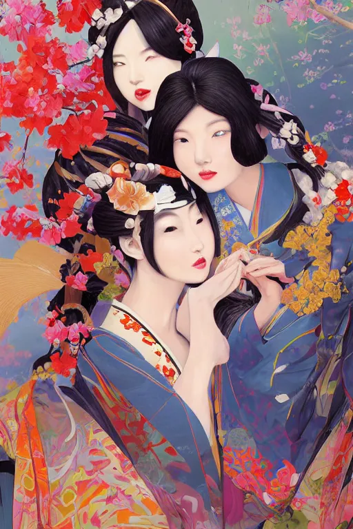 Image similar to a professional painting of 3 gorgeous Japanese Geisha girls, in brightly colored kimonos, long dark hair, beautiful bone structure, symmetrical facial features, intricate, elegant, digital painting, concept art, smooth, sharp focus, illustration, from StarCraft by Ruan Jia and Mandy Jurgens and Artgerm and William-Adolphe Bouguerea, epic, stunning, gorgeous, intricate detail, much wow, 4K, masterpiece, trending on artstation