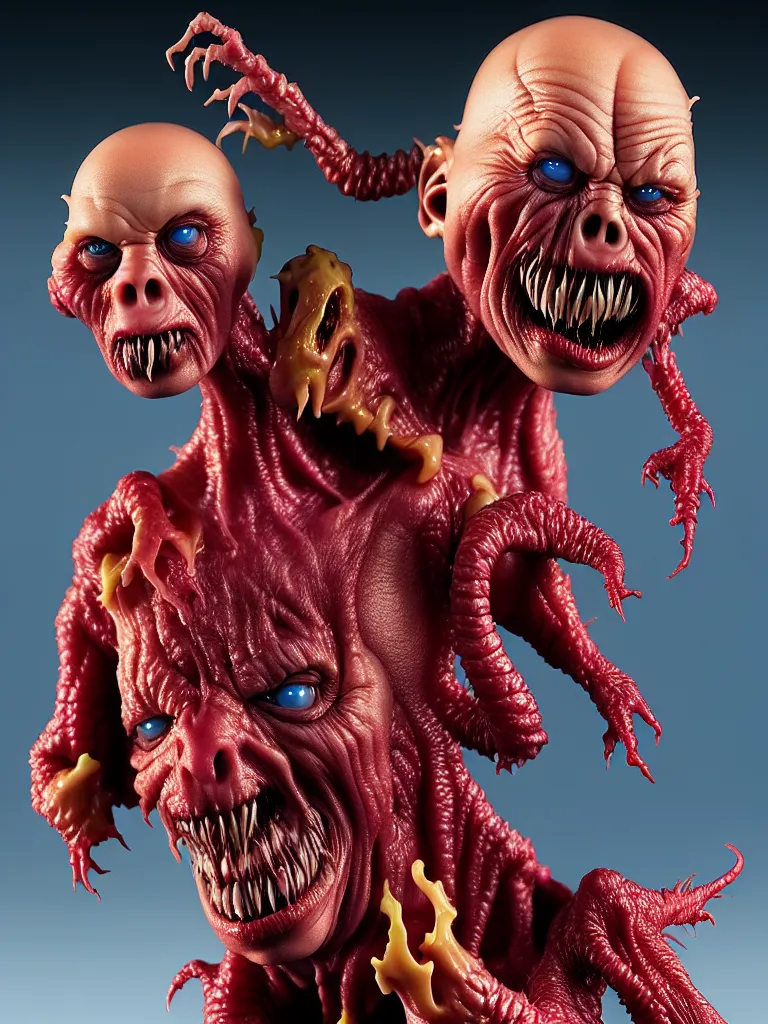 Image similar to hyperrealistic rendering, fat smooth john carpenter flesh monster jessica alba by bernie wrightson and killian eng and joe fenton, product photography, action figure, sofubi, studio lighting, colored gels, colored background