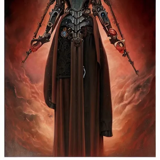 Image similar to by tom bagshaw, ultra realist soft painting of sci fi carnival of curiosities, single steampunk dollpunk warrior in a full body gothic robe, partial symmetry accurate features, very intricate details, focus, curvy, award winning, ultra dense fog