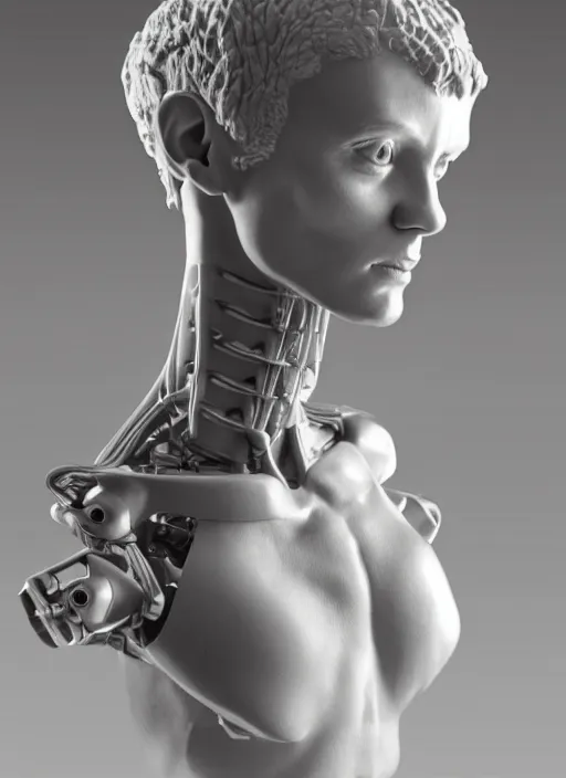 Image similar to a bust sculpture of anatomical female detailed cyborg, become human, ceramic base, orthographic, studio lighting