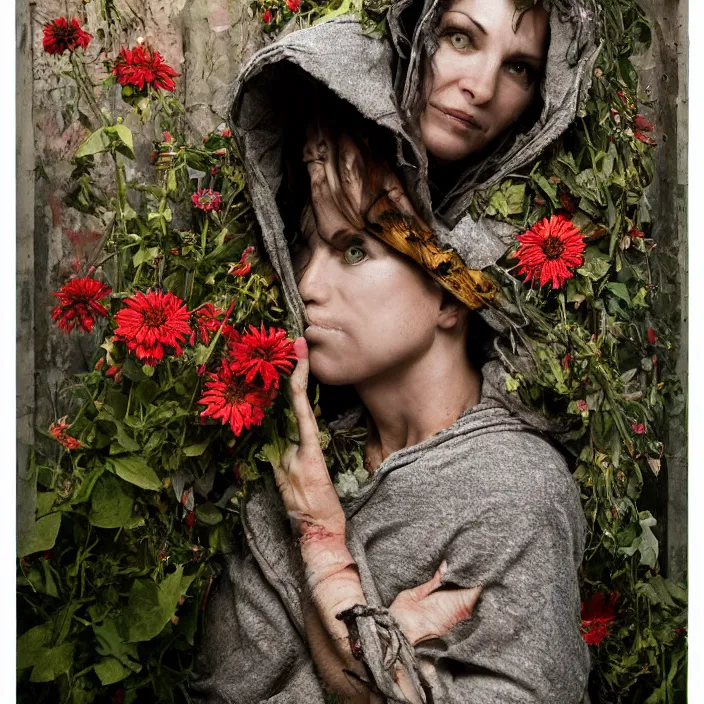 Prompt: a woman wearing a hooded cloak made of zinnias and barbed wire, in a derelict house, by David LaChapelle, natural light, detailed face, CANON Eos C300, ƒ1.8, 35mm, 8K, medium-format print