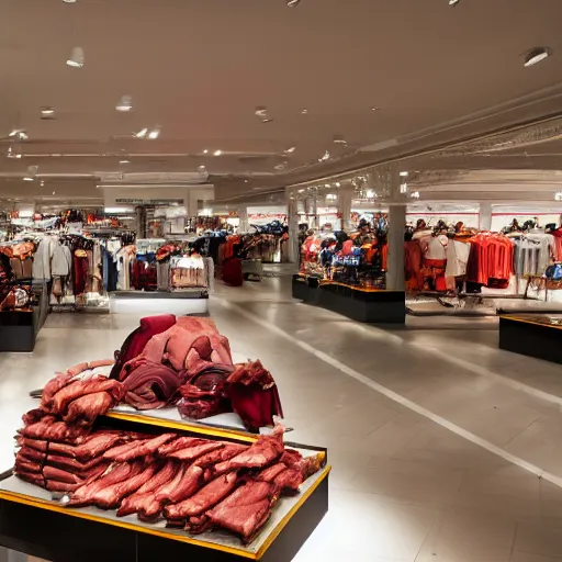 Prompt: a photo inside the department store where all the clothing is made of meat, high detail, 8 k resolution,