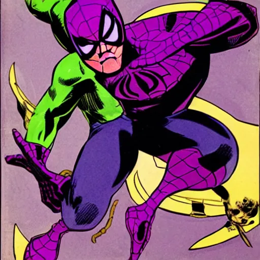 Image similar to a purple spiderman and purple batman by jack kirby