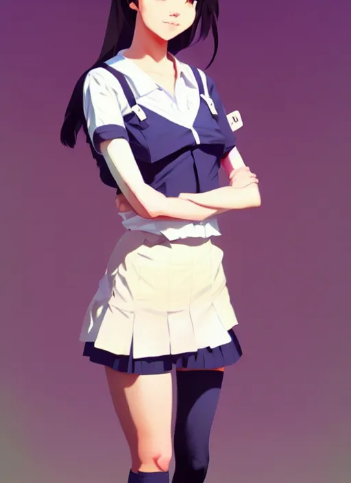 Image similar to full body beautiful and cute and aesthetic school girl greeting, very slightly smiling, wave a hand at the camera, perfect face, symmetric eyes, sharp focus, specular reflection, occlusion shadow, artstation, by ilya kuvshinov and jeremy lipking, light novel cover art, 3 d epic illustrations, symmetric body, model pose