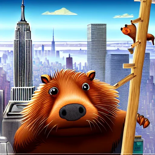 Image similar to digital concept art of anthropomorphic beavers as construction builders that building empire state building from sticks