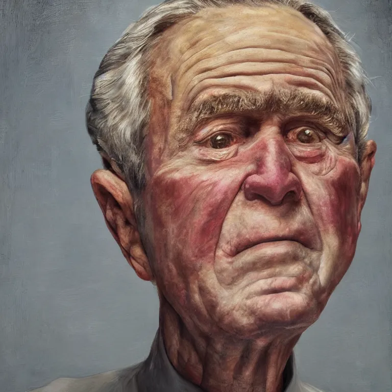 Prompt: hyperrealistic close up studio portrait of aging old George W Bush age 85 wrinkled weeping, oil painting by Ivan Albright and Lucian Freud and Ron Mueck, trending on artstation Studio lighting hyperrealism